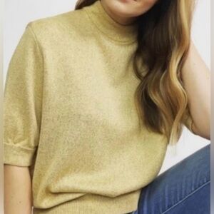 St. John Basics Gold Metallic Knit Short Sleeve, Mock Neck Sweater, Like New